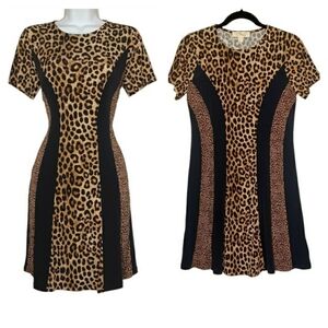 MICHAEL MICHAEL KORS Brown Animal Print Black Stripe Short Sleeve Dress Small